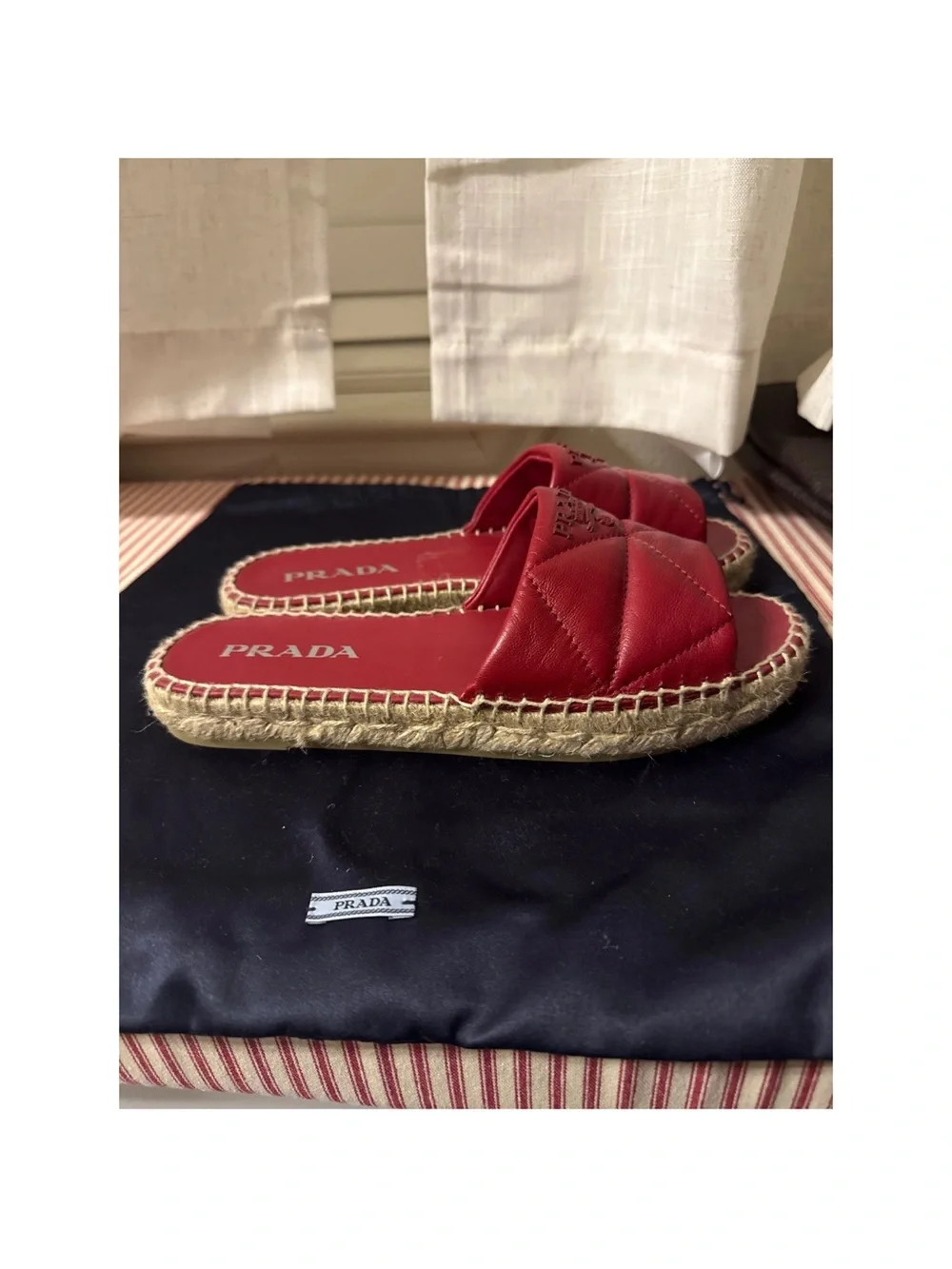 Prada Red Quilted Leather Espadrille Slides